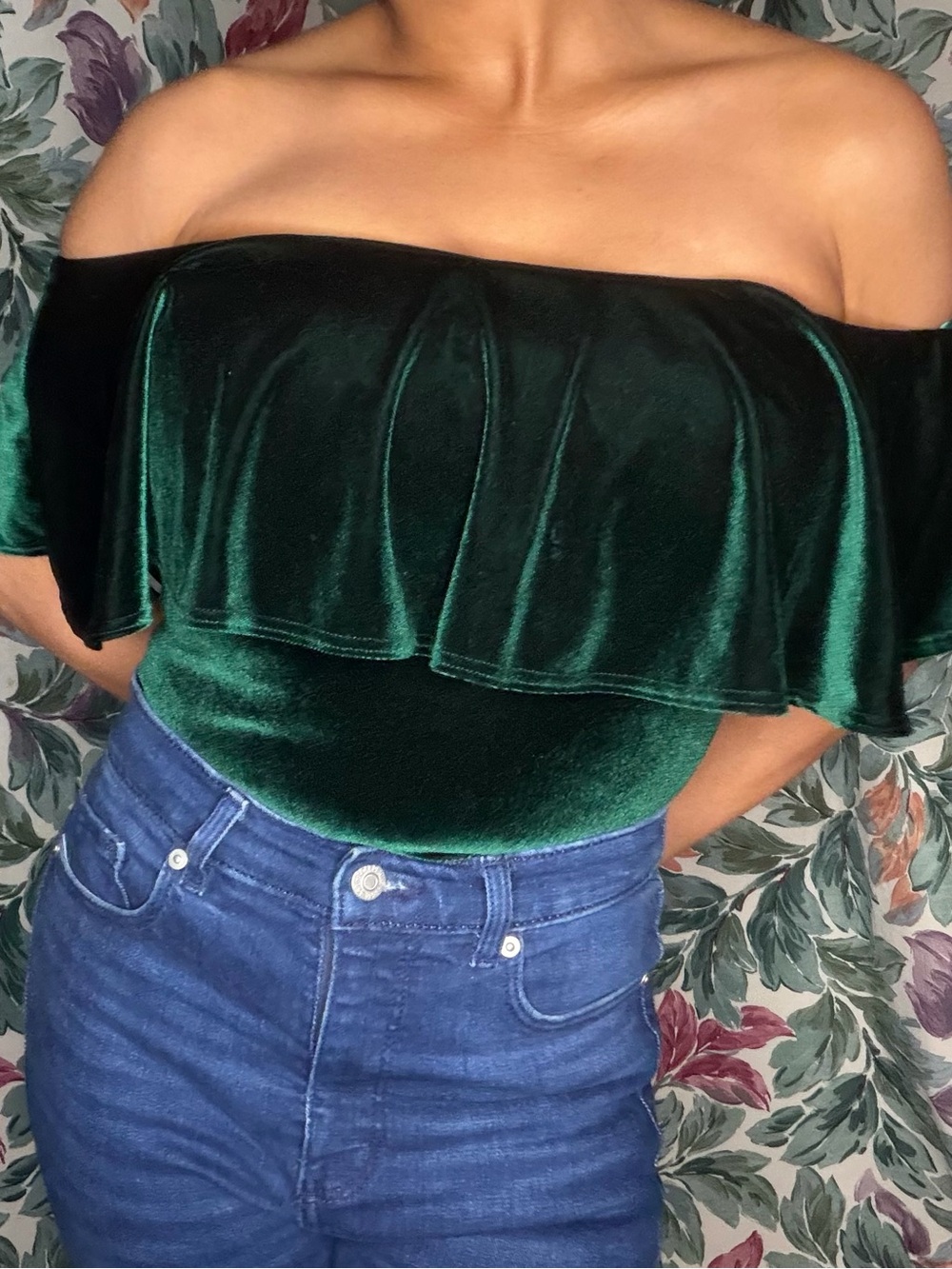 Green Velvet Off The Shoulder Thong Bodysuit